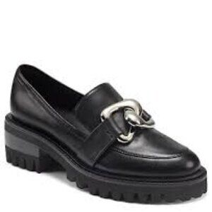 AEROSOLES Black Chunky Lug Sole Loafer with Silver Chain Accent